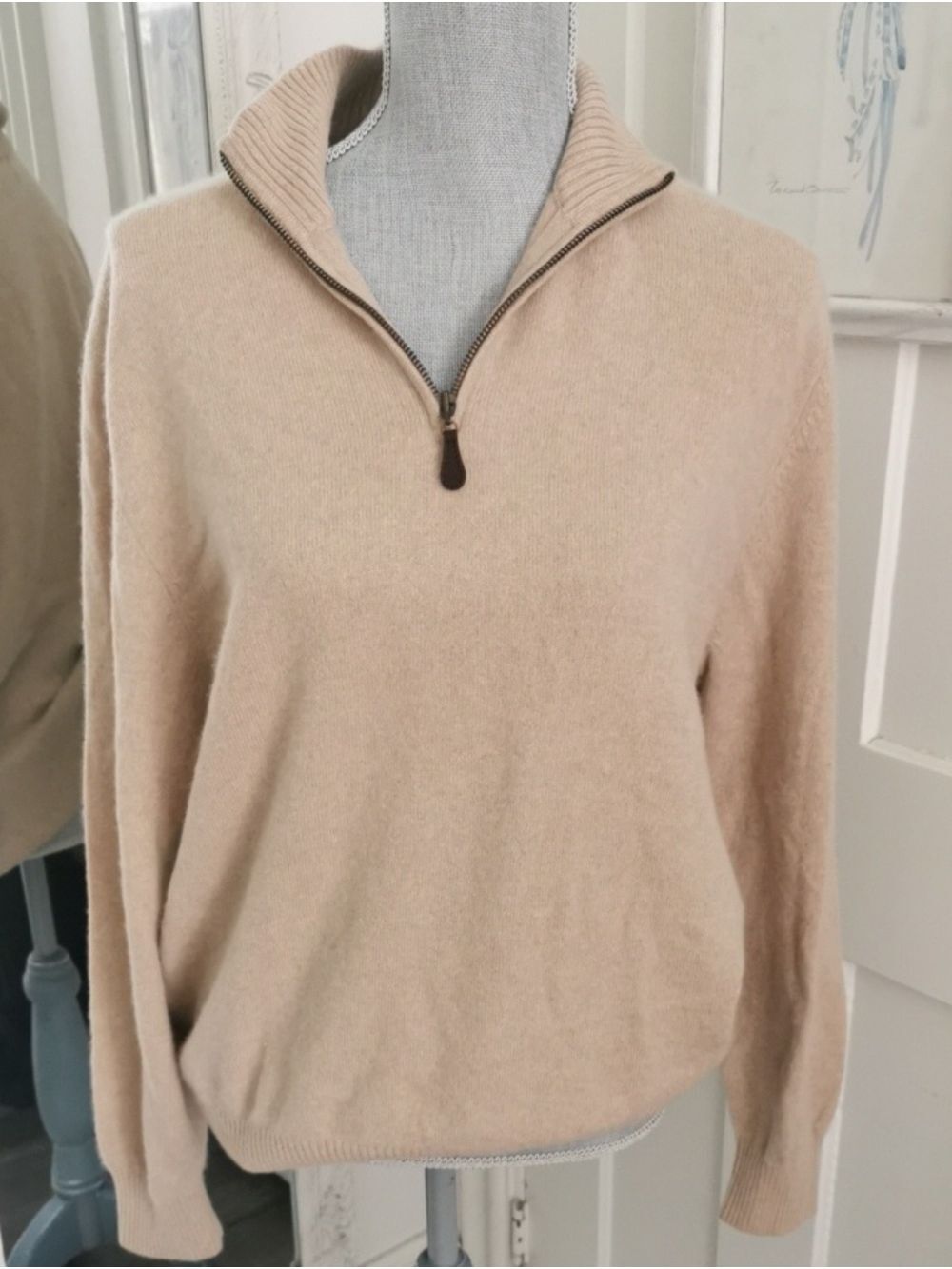 Unisex Lands End Academia Camel Color Half-Zip 100% Cashmere Sweater. Size M